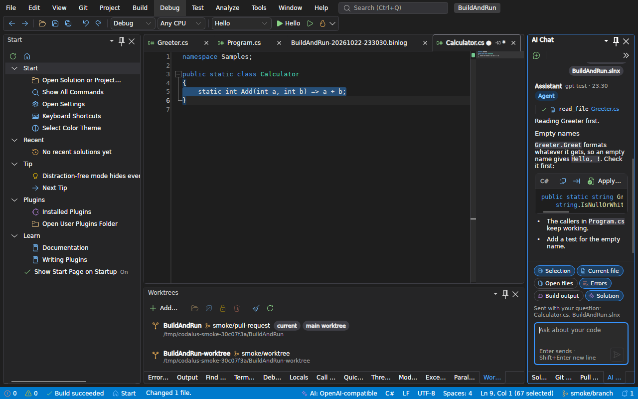 AI Chat in agent mode: the file it read shown as a step, its explanation, and the edit it proposes as a code block to apply