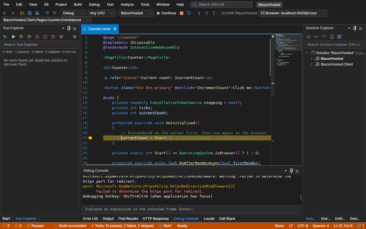 Debugging a Razor component, paused inside Counter.razor, with the Test Explorer and the Debug Console