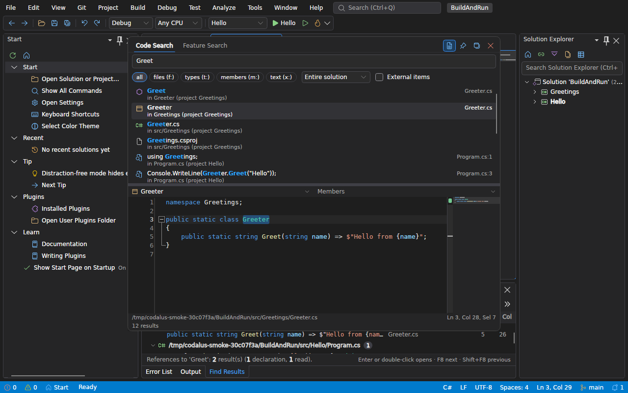 The Code Search window over the editor: filter chips, two-line results for Greet with Greeter selected, and Greeter.cs in the preview below