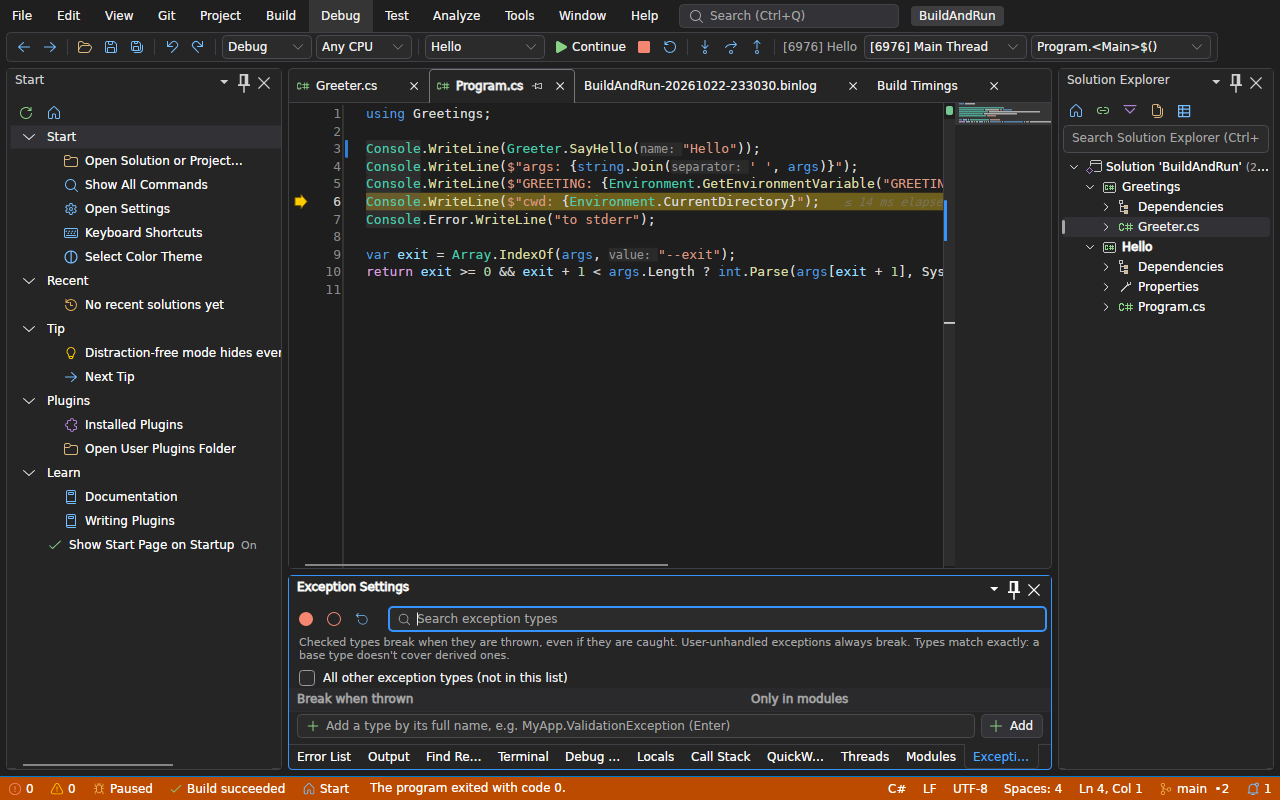 Paused at a breakpoint: the current line highlighted with a PerfTip, and the Exception Settings window open