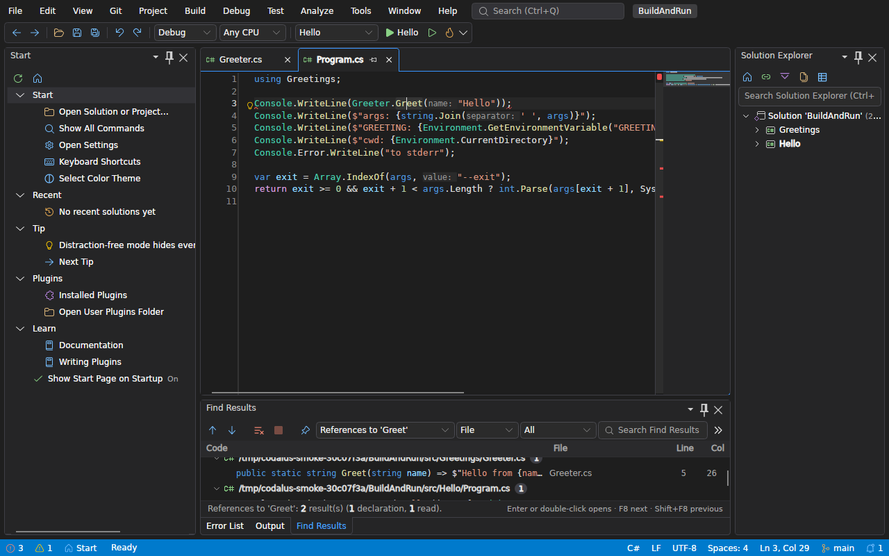 Codalus IDE with a C# solution open: the Start page, the editor with inlay hints, Find Results and the Solution Explorer