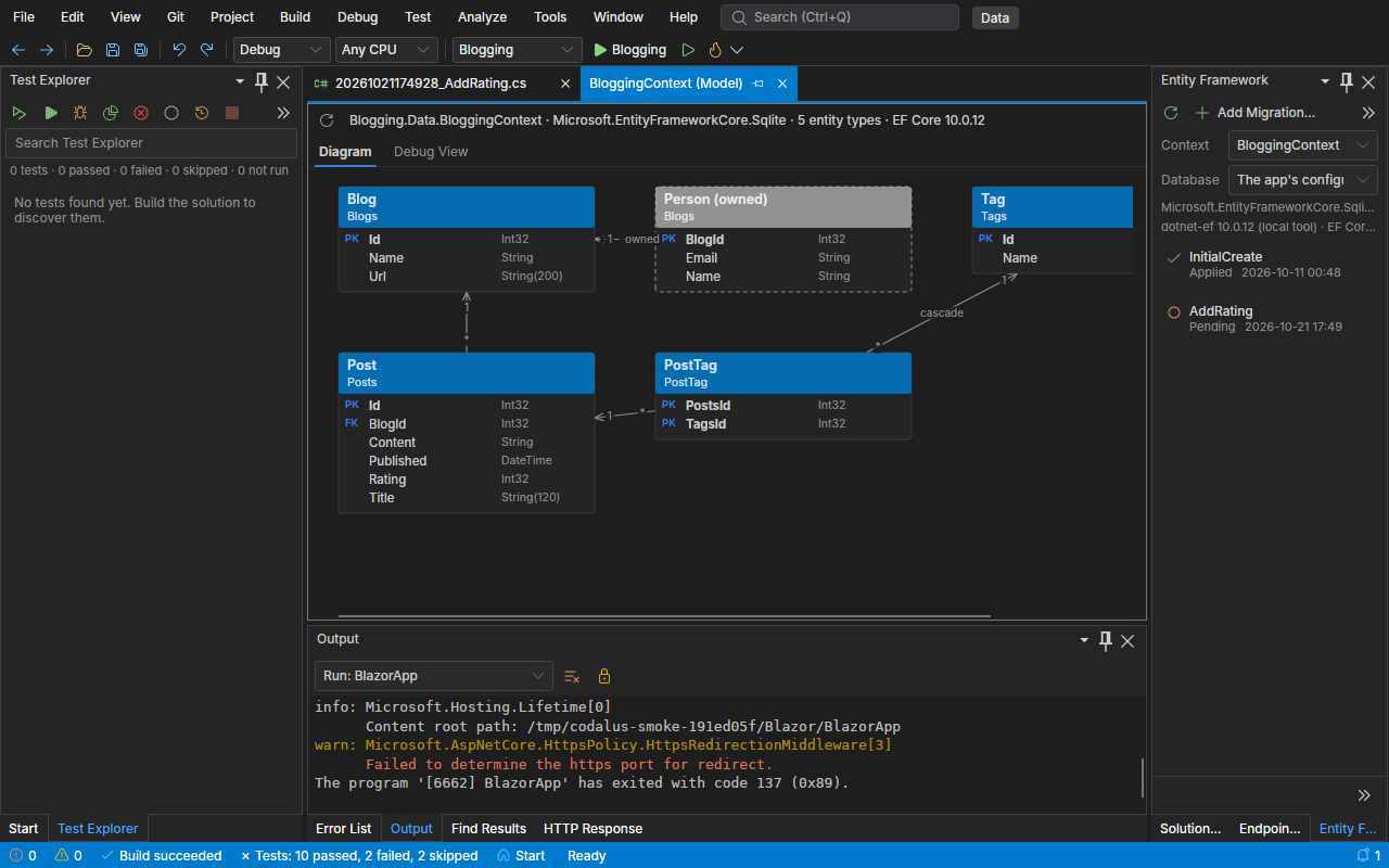The model diagram of an Entity Framework Core DbContext, with its entities, keys and relationships, and the migrations list