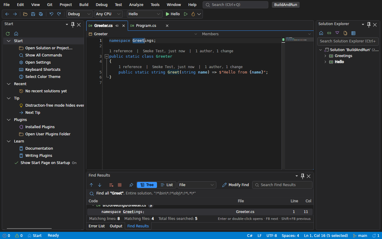 The Find and Replace window floating over the editor, with Find Results below