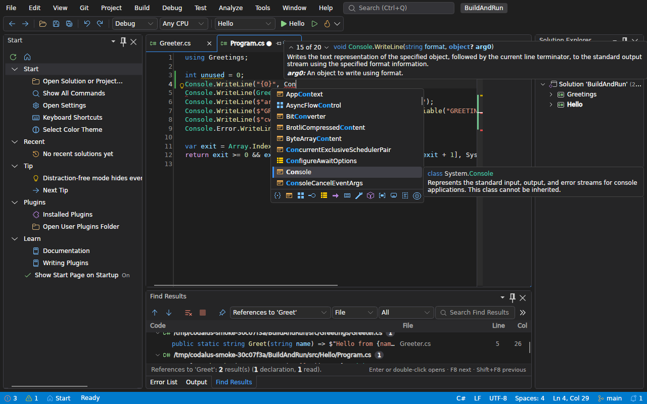 Typing a call in the editor: the completion list below the line with an icon per kind, the selected method's description beside it and the kind filters under it, and parameter info above the line