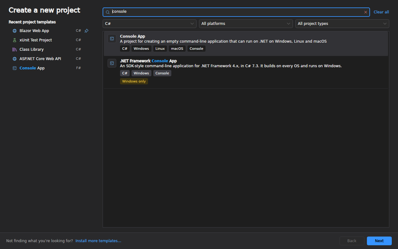 The New Project window: recent templates on the left, the search box, language, platform and project type filters, and templates with their descriptions and tags