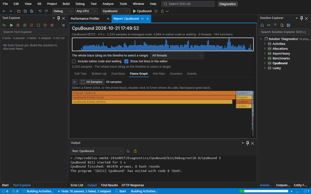 A CPU profiling report: the sample timeline above a flame graph of the program's hot methods