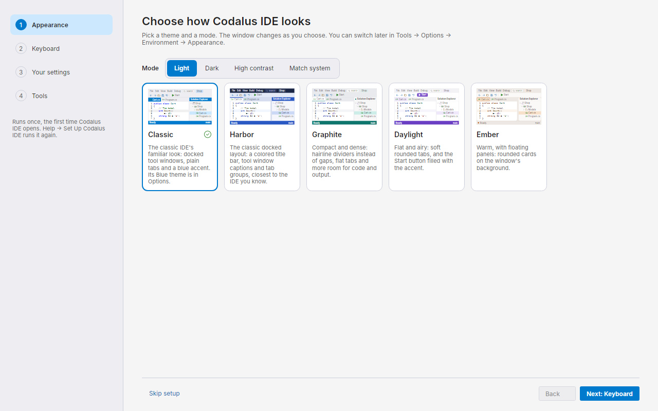 The first-run setup's appearance step: Classic, chosen, then Harbor, Graphite, Daylight and Ember as cards, each with a miniature of the IDE in that theme, and the mode