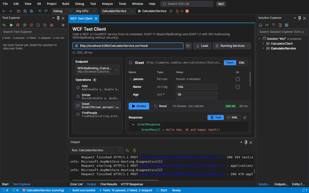 The WCF Test Client with a CoreWCF service's operations, the request form of Greet and its response as a tree