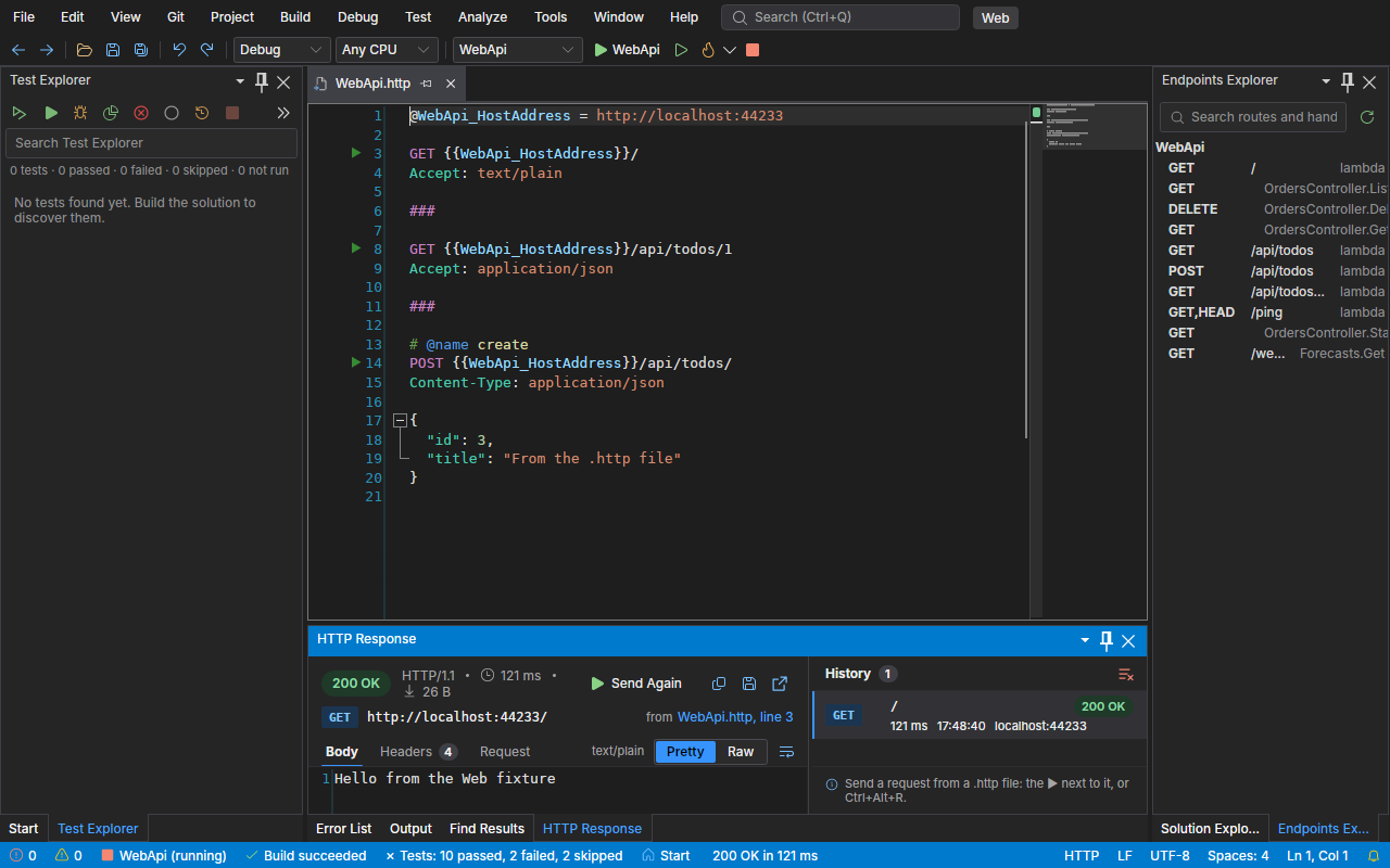 A .http file with run buttons, the HTTP Response window and the Endpoints Explorer