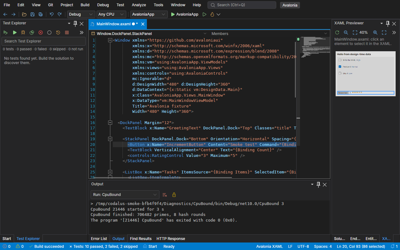 An Avalonia .axaml file in the editor with the XAML Previewer rendering it beside the code